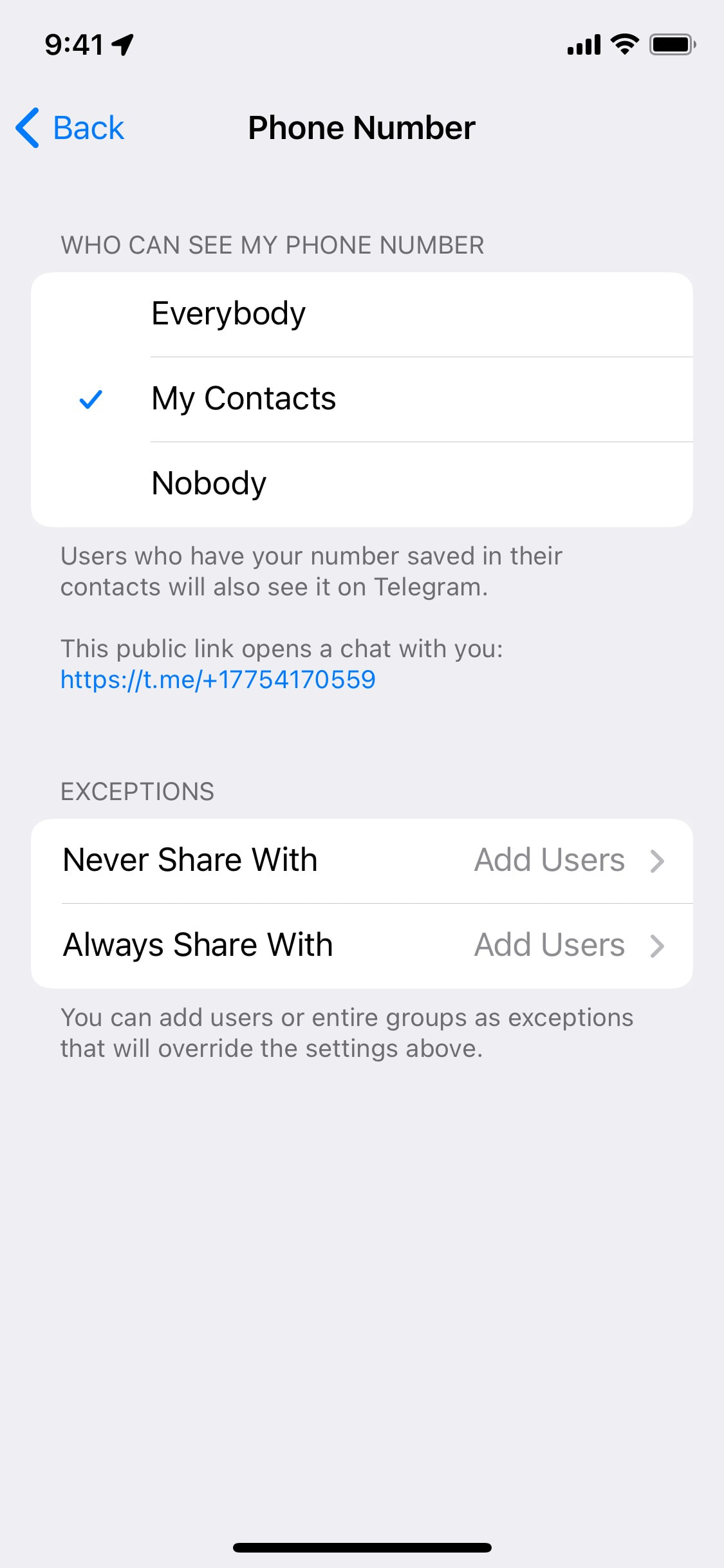 Telegram iOS screen 212