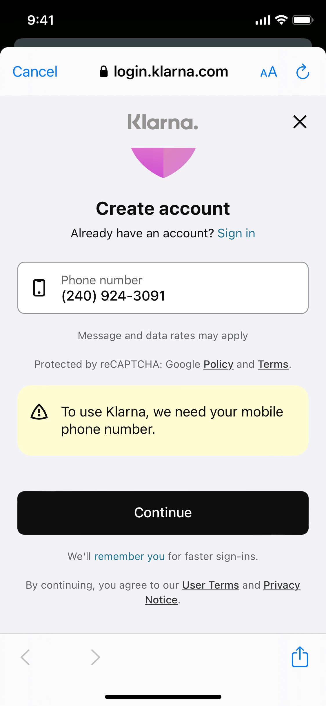 Klarna iOS screen 555